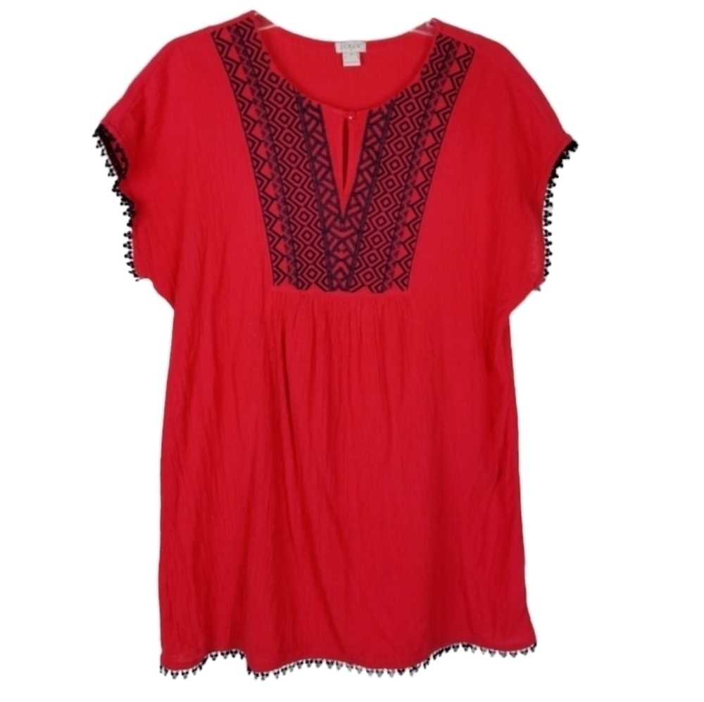 J Crew Sleeveless Embroidered Red Mini Baby Doll Dress Size XS Lace Crape Boho